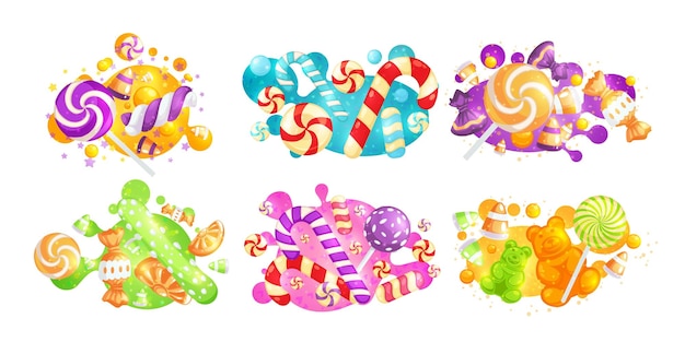 Heldere reeks elementen van karamelsnoepjes en geleisnoepjes vectorillustratie Een assortiment snoepjes voor een online winkel Embleem voor nieuwjaarscadeaus Gummyberen en snoepgoed op een kleurvlek