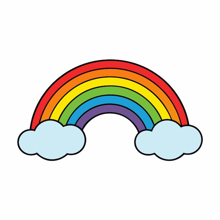 Vector heldere regenboog met pluizige wolken vreugdevolle minimalistische illustratie voor kinderen