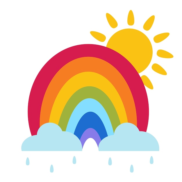 Heldere regenboog met zon en wolken met regen