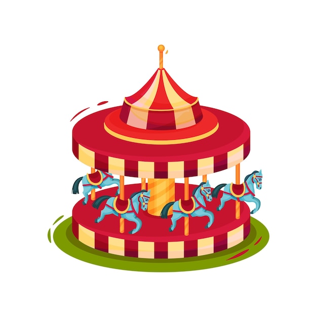 Heldere rode draaimolen met blauwe paarden Kindercarrousel Circus en pretpark thema Grafisch element voor reclameposter Kleurrijke platte vectorillustratie geïsoleerd op witte achtergrond