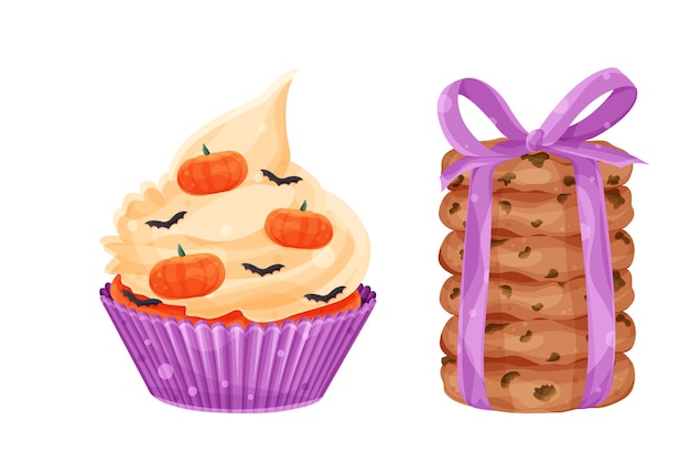 Heldere schattige halloween cupcake pompoenen en vleermuizen feestelijke cupcake