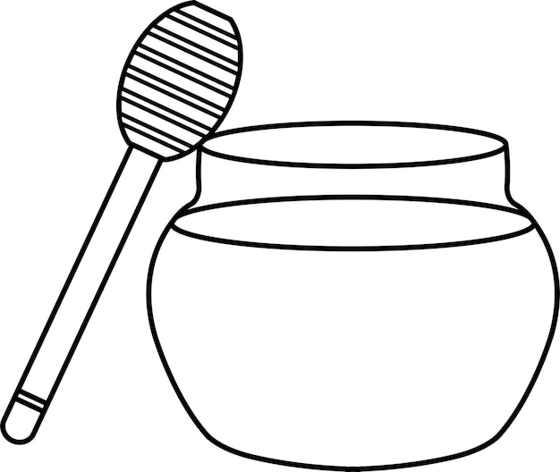 Heldere vectorillustratie van een glazen pot met honing een honing houten lepel een honing bijenstal doodle en schets