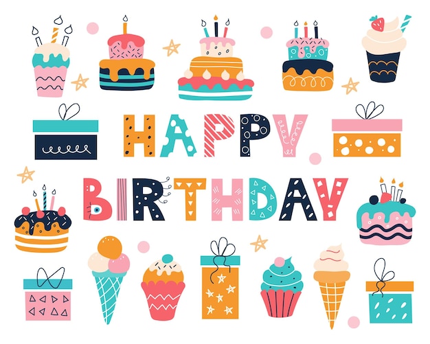 Heldere verjaardagsset met een inscriptie in de doodle-stijl Taarten, cupcakes, geschenken en ijs