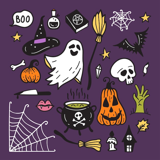 Heldere verzameling Halloween-stickerschetsset Grote reeks handgetekende doodle