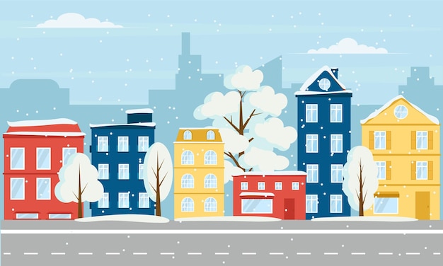 Heldere winterstraat met kleurhuis en boom met sneeuw. Vector illustratie.