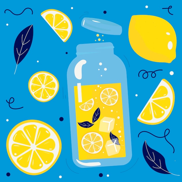 Heldere zomer Illustratie met pot limonade, citroenen, munt op blauwe achtergrond