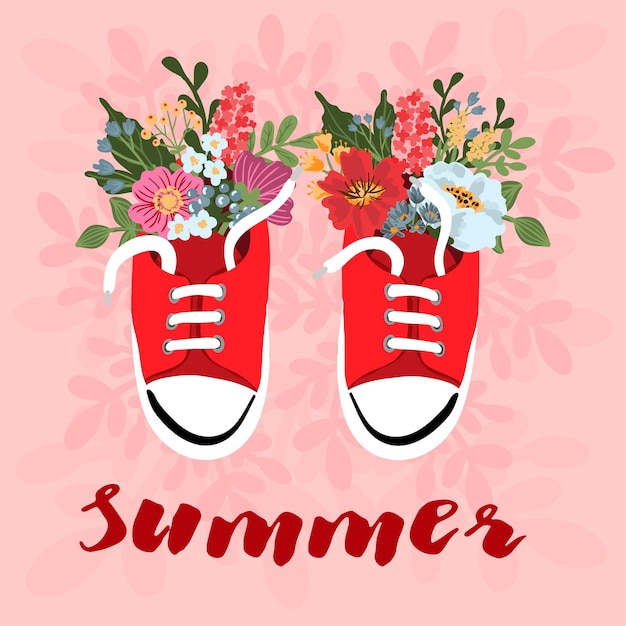 Heldere zomerkaart Mooie zomerse poster met sneakers met bloemen Leuke vectorillustratie
