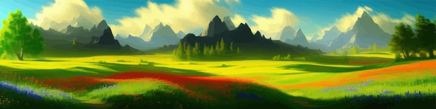 Heldergroene weide landschap met wilde bloemen tegen de achtergrond hoge bergen en blauwe hemel met