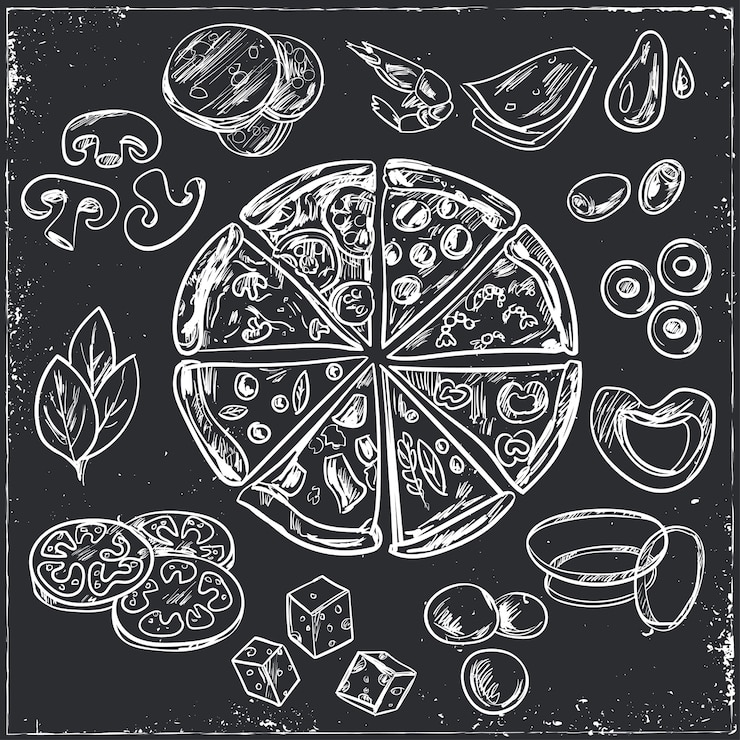 Hele en gesneden Italiaanse pizzaschetsen met verschillende toppings