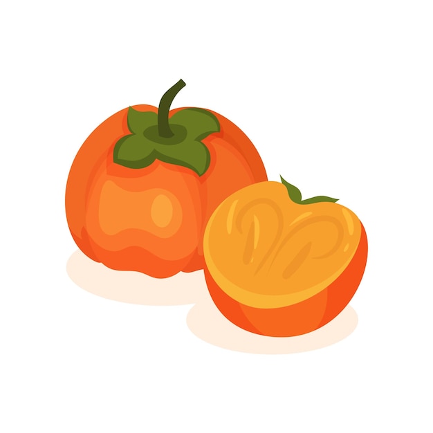 Hele en halve en rijpe persimmon lekker en gezond fruit voedsel thema vlakke vector element voor het product