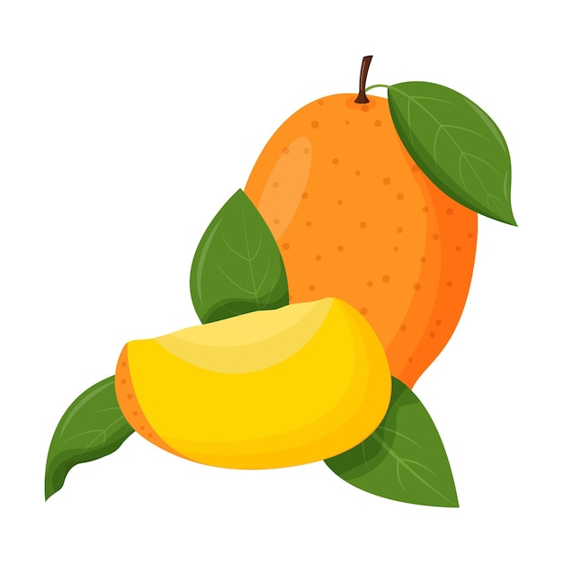 Hele mango met groen blad geïsoleerd op een witte achtergrond platte vectorillustratie