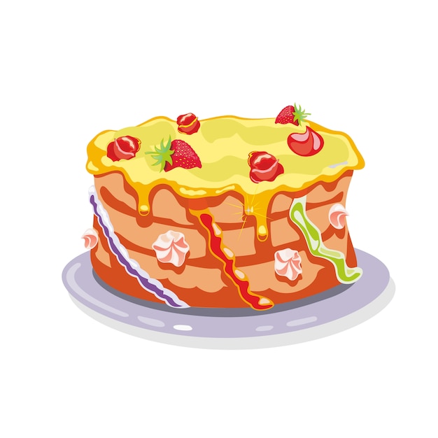 Hele torte, taart, cake gegarneerd met gele botercrème, aardbeien, crème bloemen.