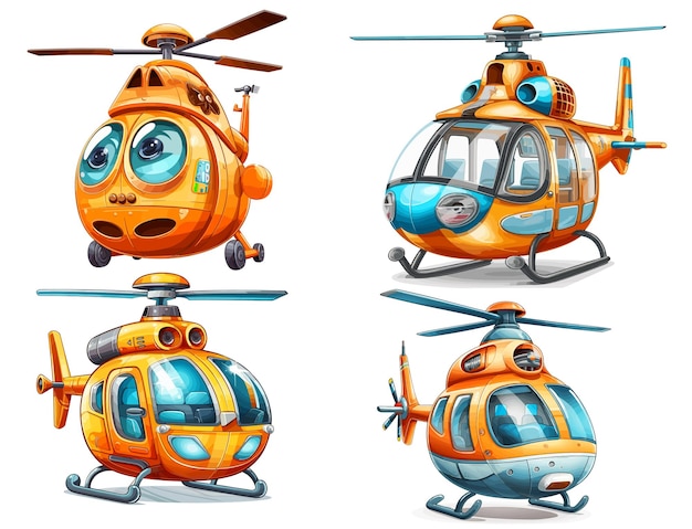 Helicopter Cartoon set isolated on a white Background