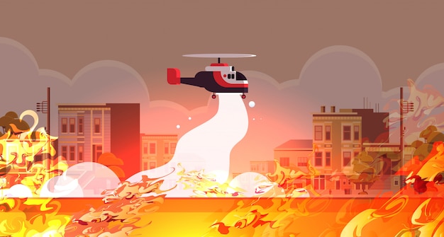 Vector helicopter extinguishes dangerous fire aerial firefighting natural disaster concept intense orange flames city street cityscape  horizontal