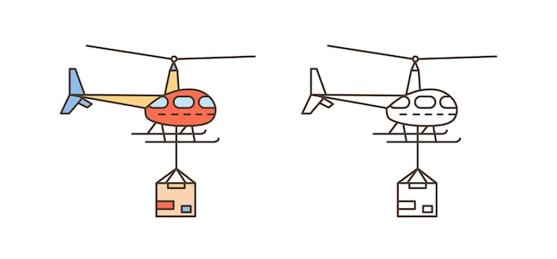 패키지 상자가 있는 헬리콥터 아이콘입니다. 배달 선적 기호, 항공기 서비스입니다. 화물 소포 운송. 우편 항공 물류. 평면 벡터 라인 아트 그림 흰색 배경에 고립입니다.