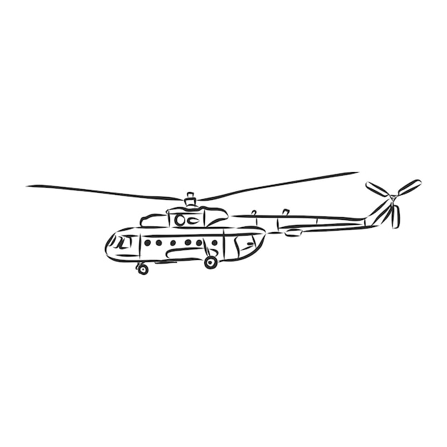 ヘリコプターのイラストスケッチ。白い背景の上のヘリコプターベクトルスケッチ