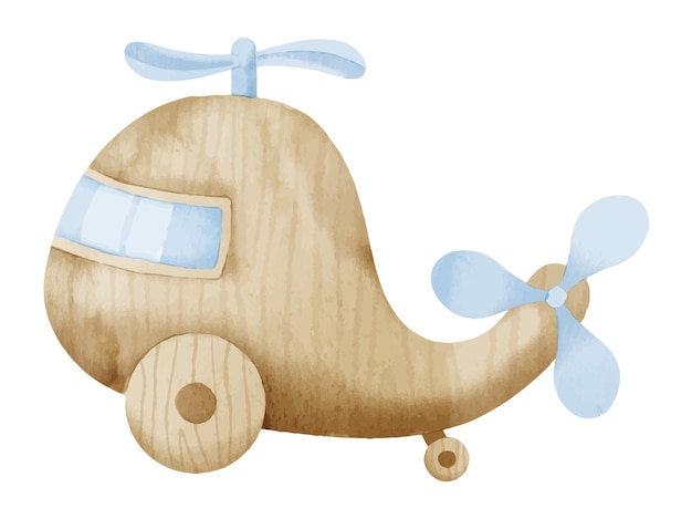 Helicopter Toy watercolor illustration Hand drawn sketch of vehicle for Baby shower cards on isolated background in pastel colors Wooden retro airplane for little boy Aircraft for leisure game