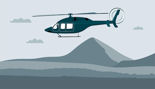 Vector helicopter with pilot flies against the background of an abstract landscape