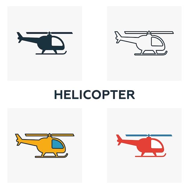 Helikopter icon set Vier elementen in verschillende stijlen van luchthaven iconen collectie Creatieve helikopter iconen gevuld overzicht gekleurde en platte symbolen