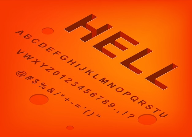 Hell alphabet isometric 3d font design, three-dimensional letters and numbers vector illustration