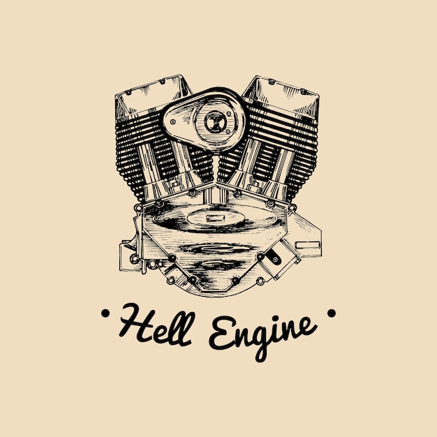 Hell engine vettore logo moto vintage biker club segno garage etichetta illustrazione vettoriale del motore disegnato a mano