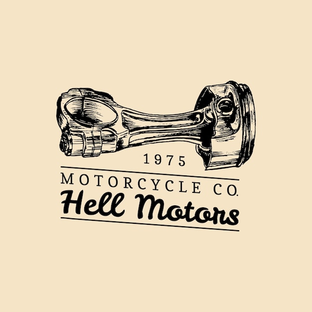 Hell Motors vector vintage motorfiets reparatie logo Retro garage label met hand getekende zuiger Custom chopper winkel embleem Biker club teken