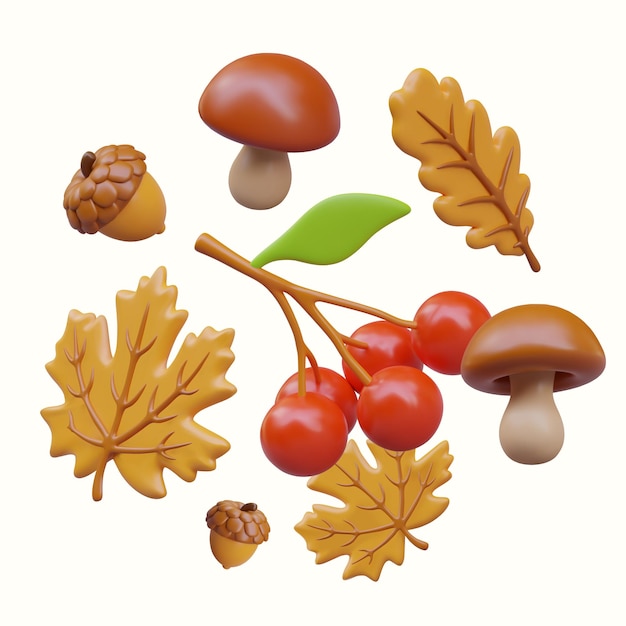 Hello autumn 3D vector elements outlined in circle Berries mushrooms leaves acorns