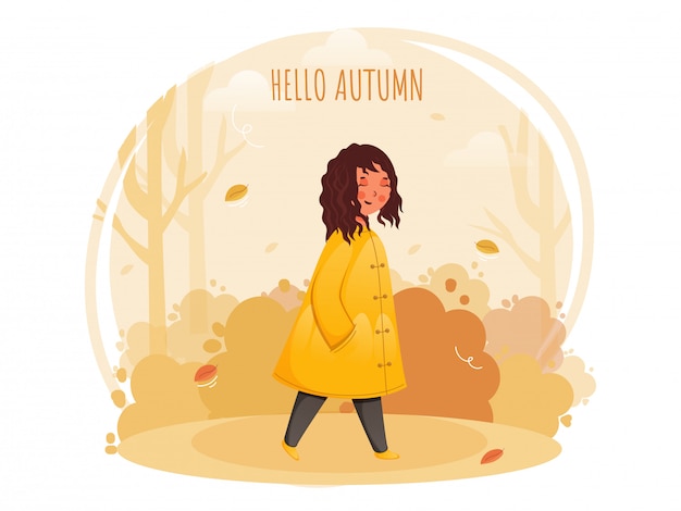 Vector hello autumn abstract background with smiley cute girl in walking pose.