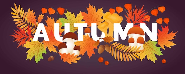 Hello autumn Autumn leaves with mushrooms cep physalis Sale banners postcard poster