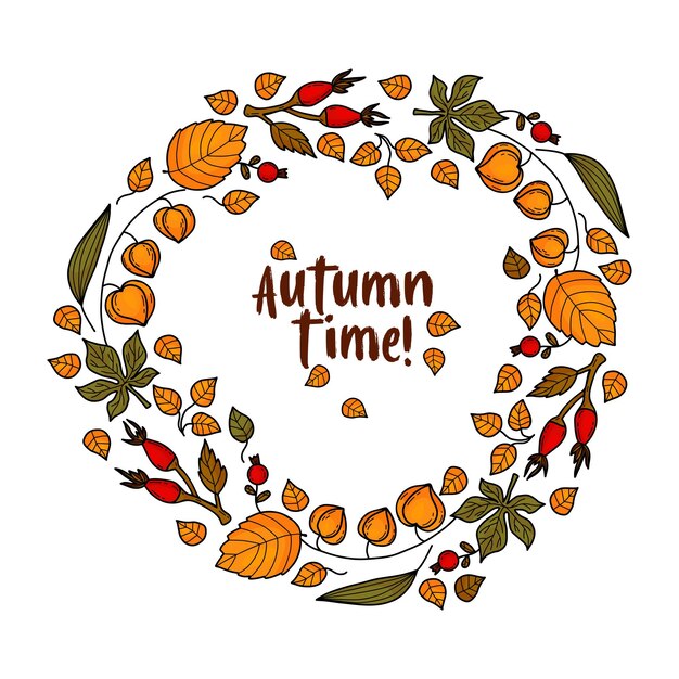 Hello Autumn Autumn round vignette frame Wreath of berries wild rose physalis colorful autumn leaves