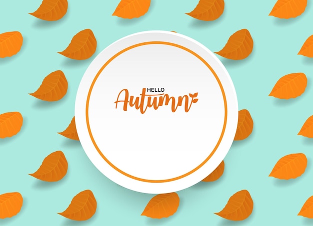 Hello autumn background design with autumn leaves on mint green background vector