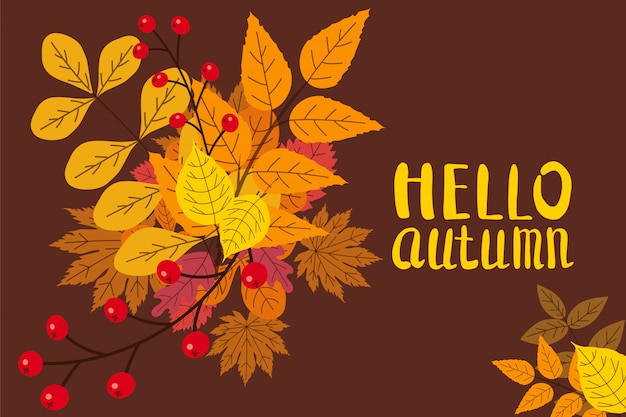 Vector hello autumn background with fall leaves fall