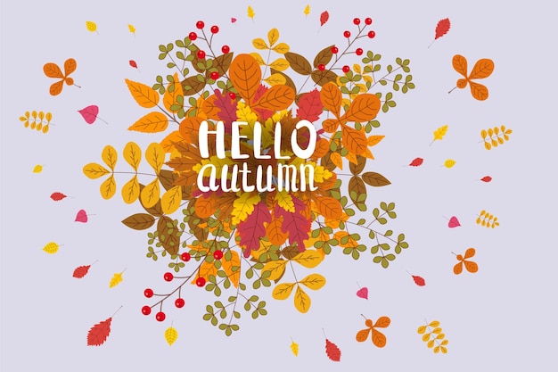 ベクトル こんにちは秋の背景と落ち葉黄オレンジ秋