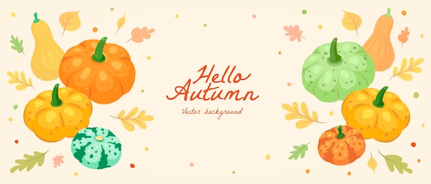 Hello autumn background with hand drawn pumpkins