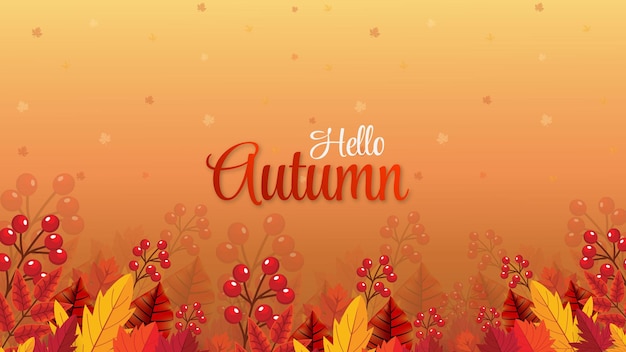 Hello autumn background with lettering and autumn maple leaves premium vector