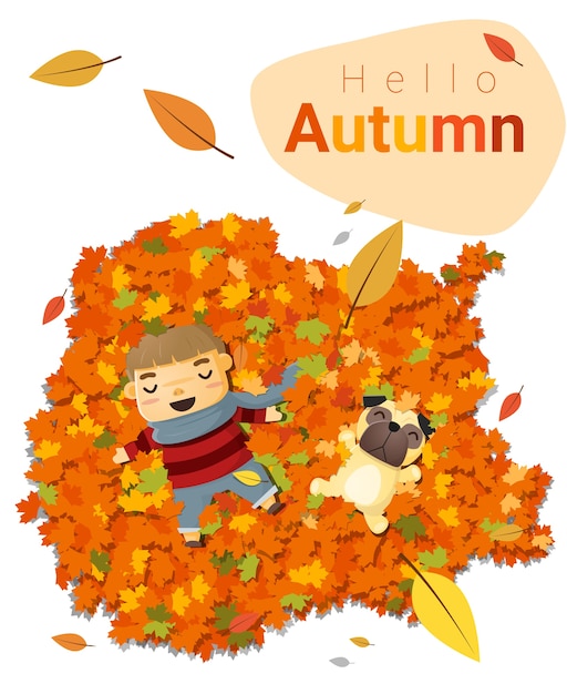 Hello autumn background with little boy