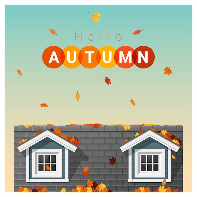Vector hello autumn background with a small house
