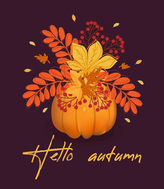 Hello autumn Banner poster cardBouquet of autumn leaves branch with rowan berry in pumpkin