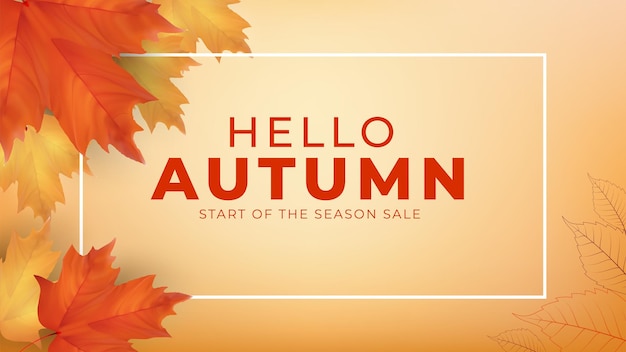 Hello autumn banner with frame and leaves