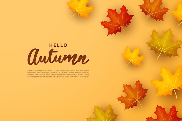 hello autumn banner with leaves to the left of the text