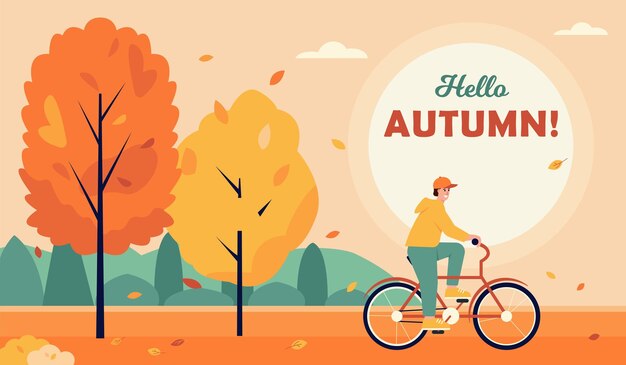 Hello Autumn banner Young man on bicycle in Park with orange trees Fall season with bright leaves