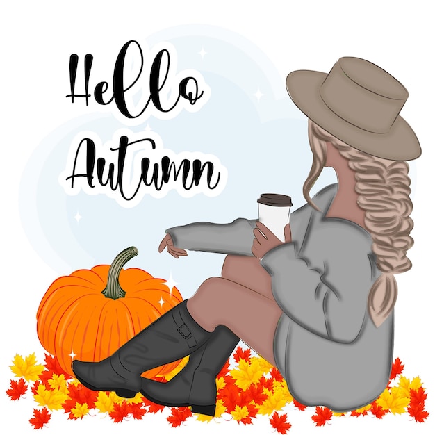 Hello Autumn блондинка с векторной иллюстрацией тыквы на кофе