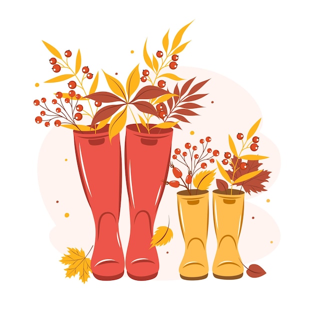 Hello Autumn Card with Cute wellies boots and autumn leaves
