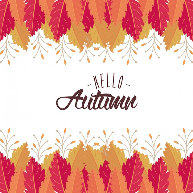 Hello autumn card with leaves cartoons