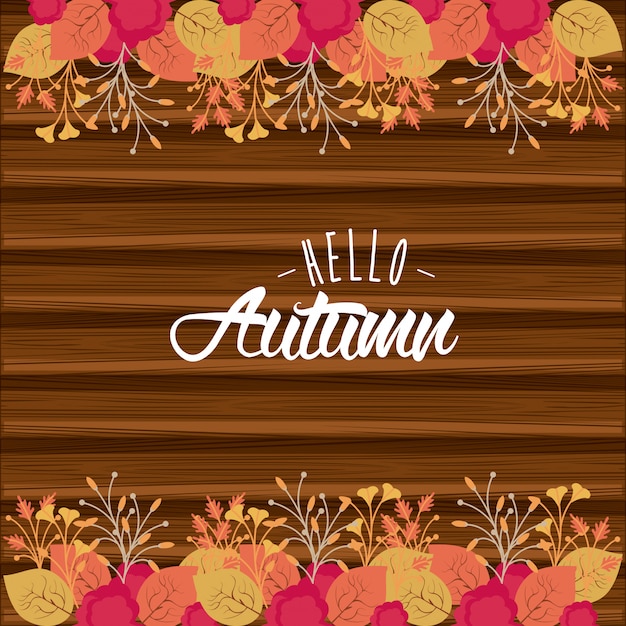 Hello autumn card with leaves cartoons