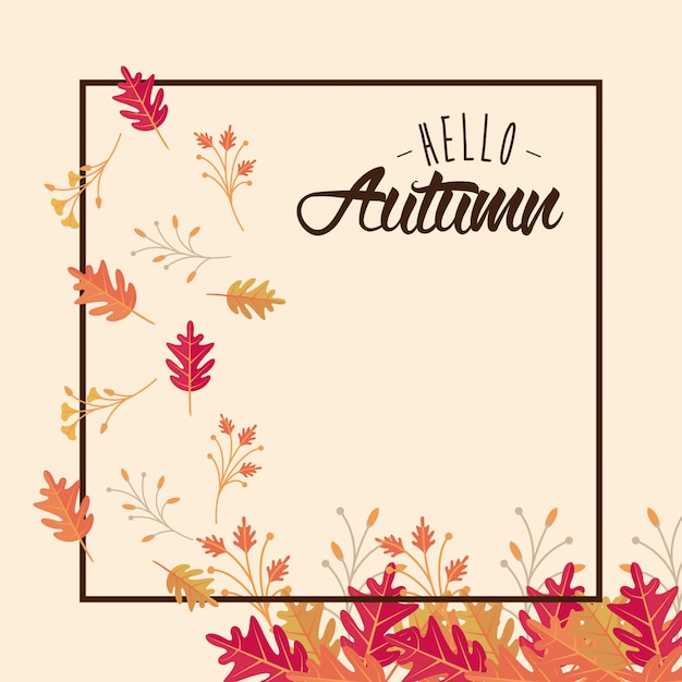 Hello autumn card with leaves cartoons