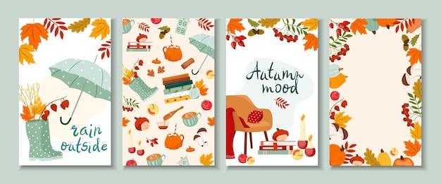 hello autumn collection trendy cards with beautiful leaves cozy vector templates invitation card