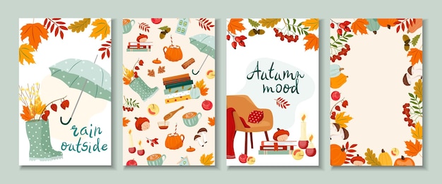 Hello autumn collection trendy cards with beautiful leaves Cozy vector templates invitation card