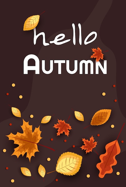 Привет осень. концепция осенней рекламы. иллюстрация на фоне осенних листьев.