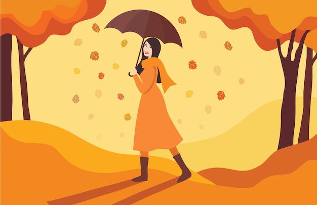 Vector hello autumn concept beautiful woman holding umbrella and falling leaves in autumn season